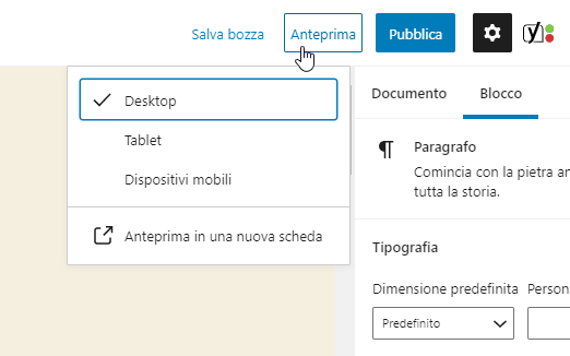 Schermata di Anteprima di un articolo con opzioni per visualizzazione su schermo di diverse dimensioni