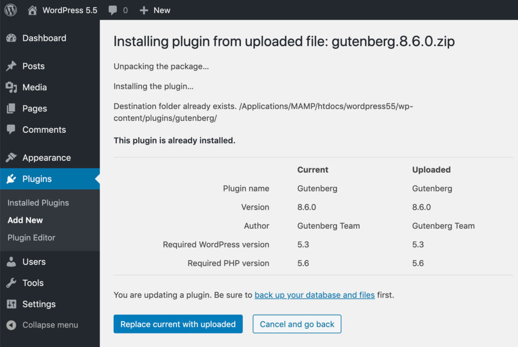 Schermata per l'aggiornamento manuale di un Plugin